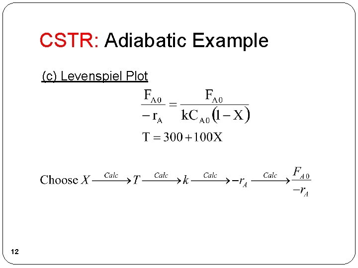 CSTR: Adiabatic Example (c) Levenspiel Plot 12 CSTR: Adiabatic Example (c) Levenspiel Plot 12