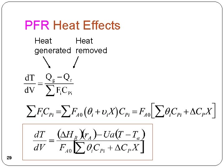 PFR Heat Effects Heat generated removed 29 PFR Heat Effects Heat generated removed 29