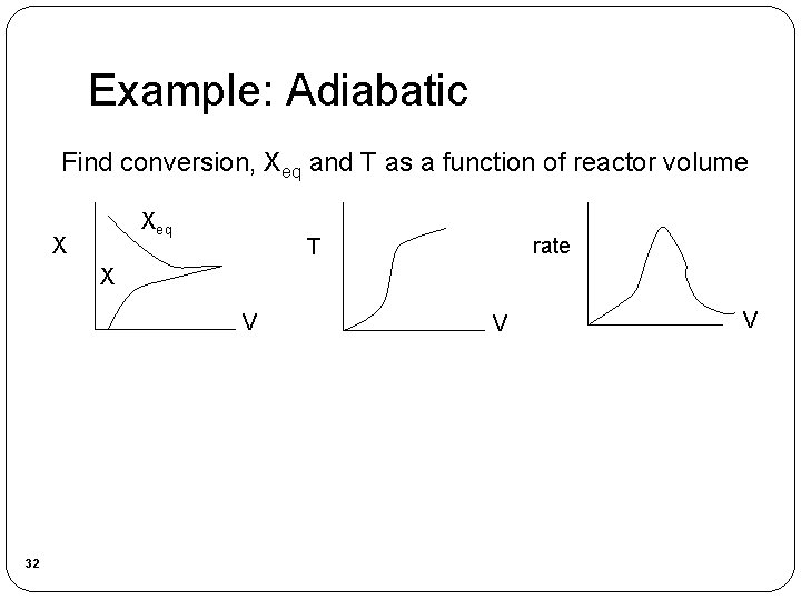 Example: Adiabatic Find conversion, Xeq and T as a function of reactor volume Xeq Example: Adiabatic Find conversion, Xeq and T as a function of reactor volume Xeq