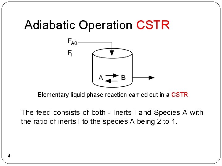 Adiabatic Operation CSTR Elementary liquid phase reaction carried out in a CSTR The feed Adiabatic Operation CSTR Elementary liquid phase reaction carried out in a CSTR The feed