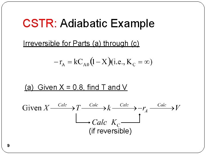 CSTR: Adiabatic Example Irreversible for Parts (a) through (c) (a) Given X = 0. CSTR: Adiabatic Example Irreversible for Parts (a) through (c) (a) Given X = 0.