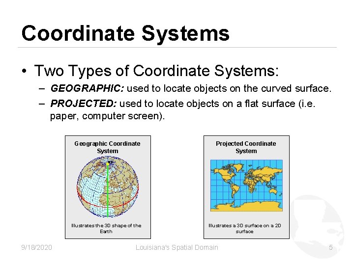 Coordinate Systems • Two Types of Coordinate Systems: – GEOGRAPHIC: used to locate objects