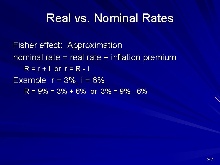 Real vs. Nominal Rates Fisher effect: Approximation nominal rate = real rate + inflation