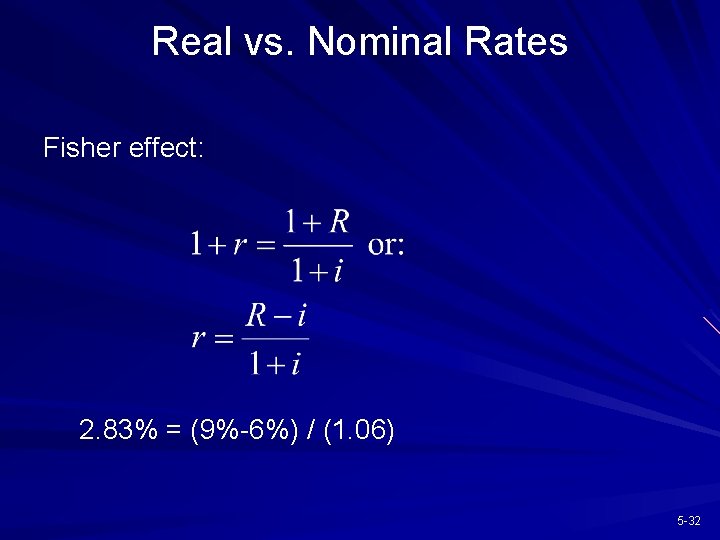 Real vs. Nominal Rates Fisher effect: 2. 83% = (9%-6%) / (1. 06) 5