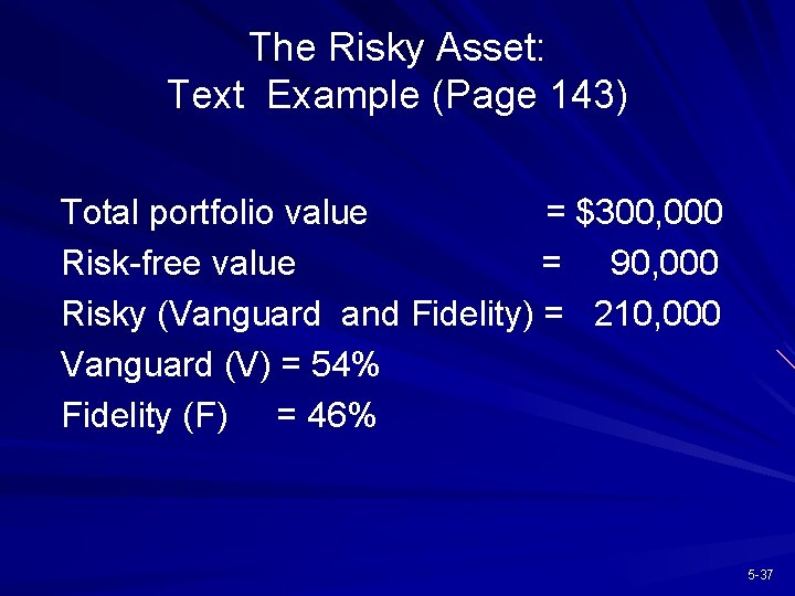 The Risky Asset: Text Example (Page 143) Total portfolio value = $300, 000 Risk-free