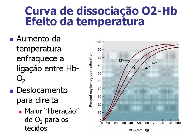 Curva de dissociação O 2 -Hb Efeito da temperatura n n Aumento da temperatura