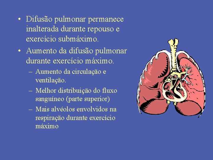  • Difusão pulmonar permanece inalterada durante repouso e exercício submáximo. • Aumento da