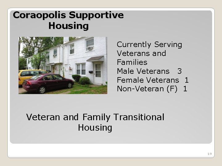 Coraopolis Supportive Housing Currently Serving Veterans and Families Male Veterans 3 Female Veterans 1