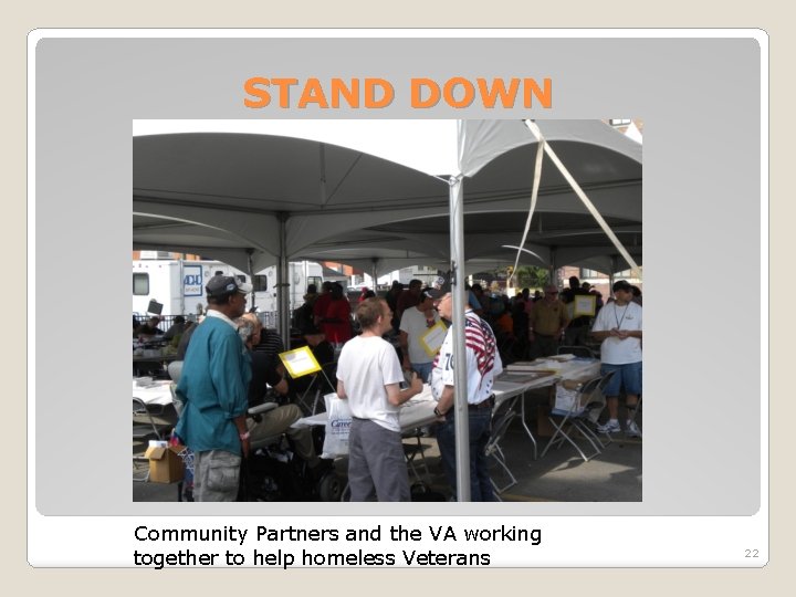 STAND DOWN Community Partners and the VA working together to help homeless Veterans 22
