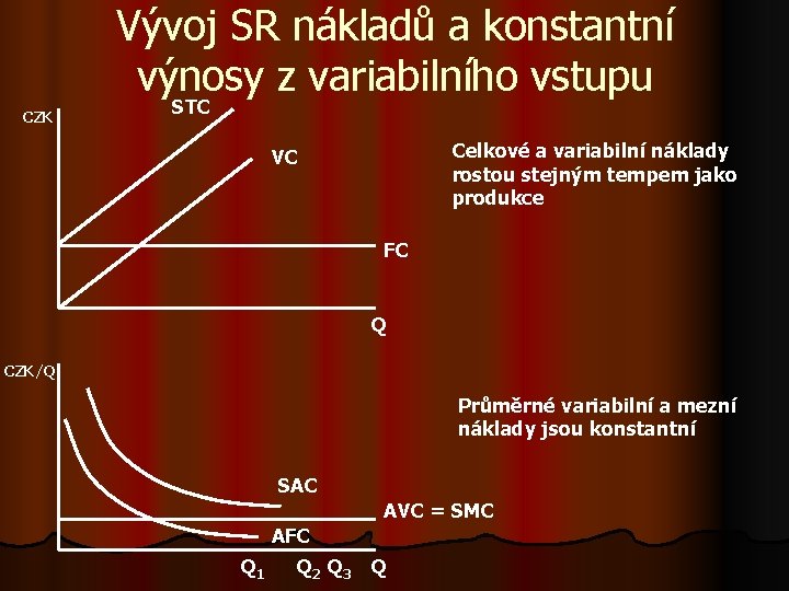 Vývoj SR nákladů a konstantní výnosy z variabilního vstupu CZK STC Celkové a variabilní