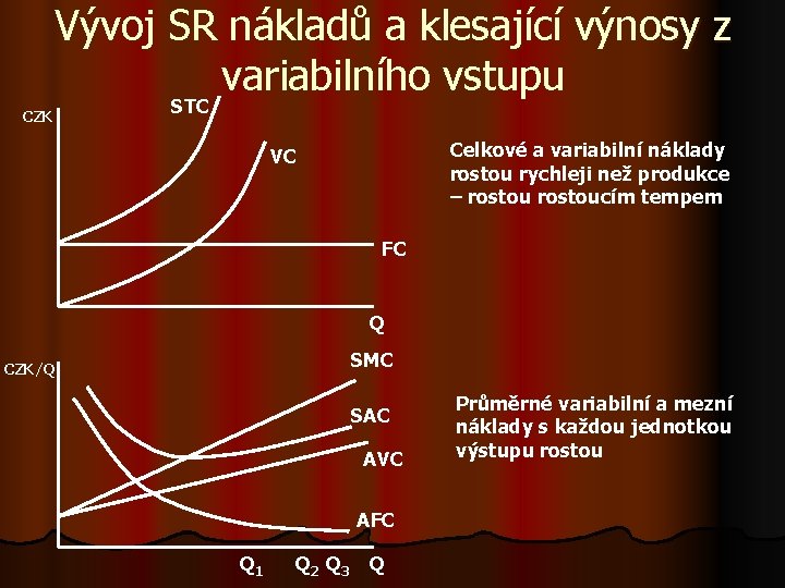 Vývoj SR nákladů a klesající výnosy z variabilního vstupu CZK STC Celkové a variabilní