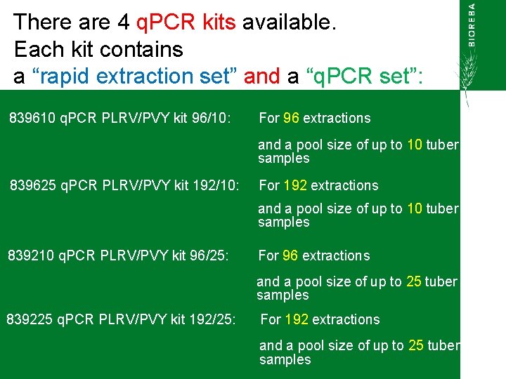 There are 4 q. PCR kits available. Each kit contains a “rapid extraction set”