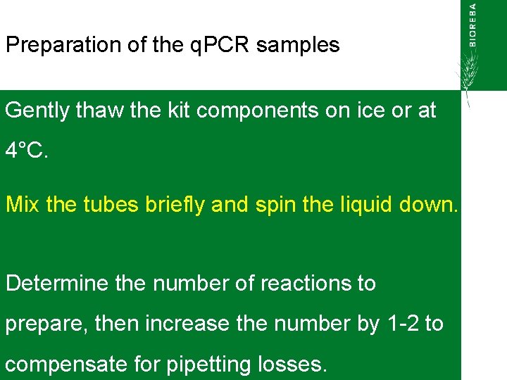 Preparation of the q. PCR samples Gently thaw the kit components on ice or