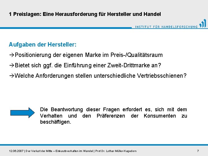 1 Preislagen: Eine Herausforderung für Hersteller und Handel Aufgaben der Hersteller: Positionierung der eigenen