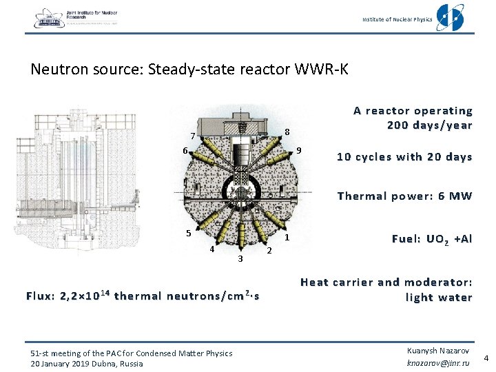 Institute of Nuclear Physics Neutron source: Steady-state reactor WWR-K A reactor operating 200 days/year Institute of Nuclear Physics Neutron source: Steady-state reactor WWR-K A reactor operating 200 days/year