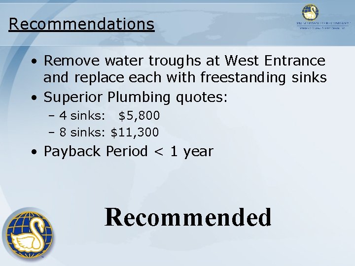 Recommendations • Remove water troughs at West Entrance and replace each with freestanding sinks Recommendations • Remove water troughs at West Entrance and replace each with freestanding sinks