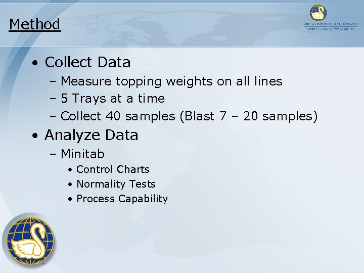 Method • Collect Data – Measure topping weights on all lines – 5 Trays Method • Collect Data – Measure topping weights on all lines – 5 Trays