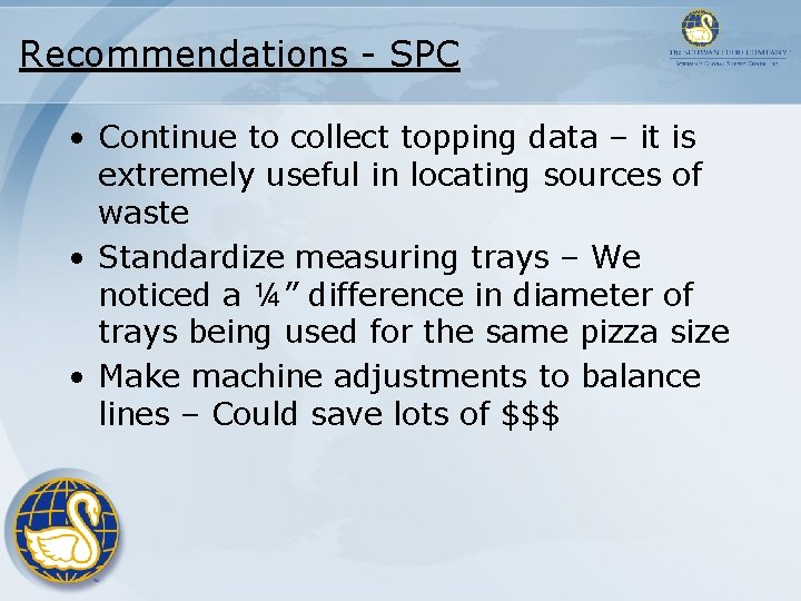 Recommendations - SPC • Continue to collect topping data – it is extremely useful Recommendations - SPC • Continue to collect topping data – it is extremely useful