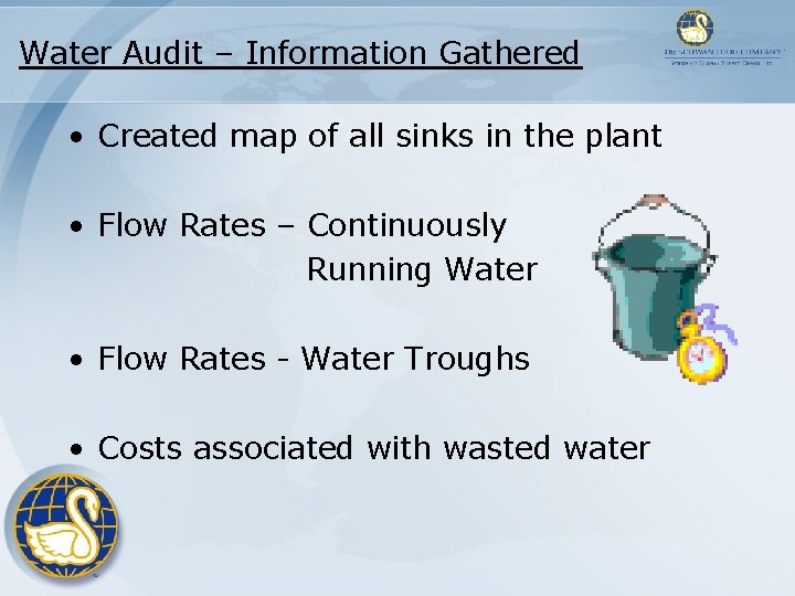 Water Audit – Information Gathered • Created map of all sinks in the plant Water Audit – Information Gathered • Created map of all sinks in the plant