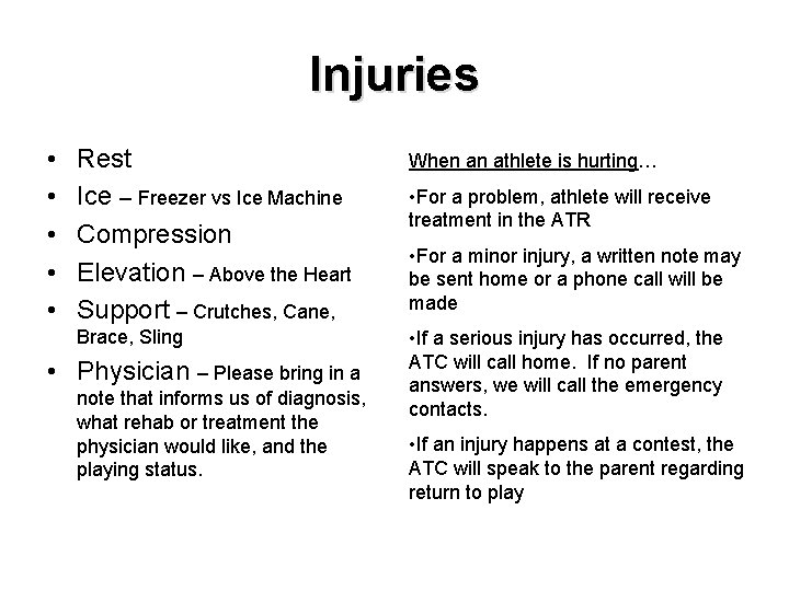Injuries • • • Rest Ice – Freezer vs Ice Machine Compression Elevation –