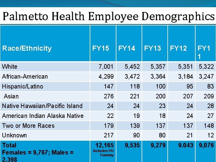 Palmetto Health Employee Demographics Race/Ethnicity FY 15 FY 14 FY 13 FY 12 FY