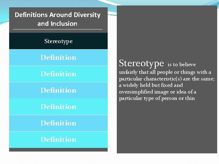 Definitions Around Diversity and Inclusion Definition Truth Stereotype Inclusion Definition Cultural Competence Definition Cultural