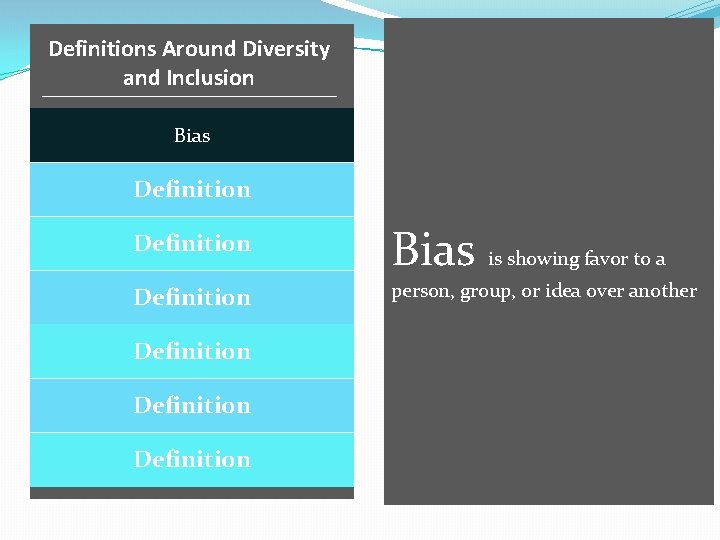 Definitions Around Diversity and Inclusion Definition Truth Bias Inclusion Definition Cultural Competence Definition Cultural