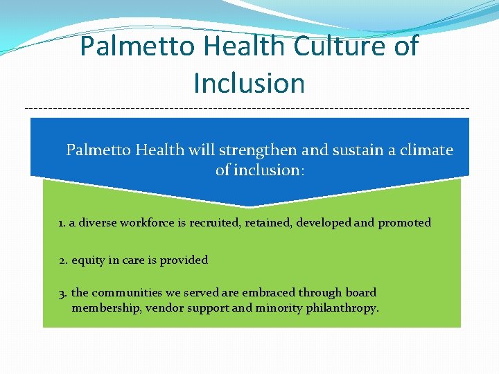 Palmetto Health Culture of Inclusion Palmetto Health will strengthen and sustain a climate of