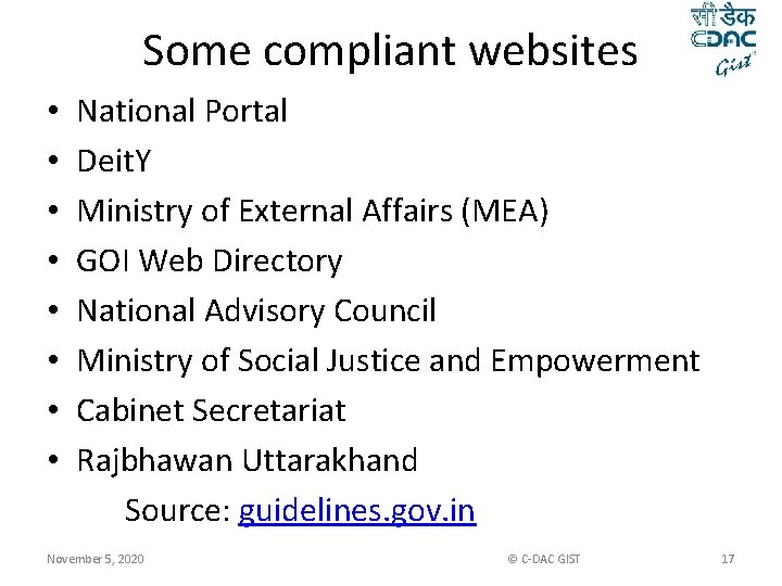 Some compliant websites • • National Portal Deit. Y Ministry of External Affairs (MEA)