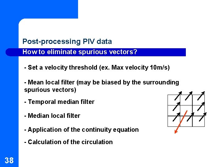 Post-processing PIV data How to eliminate spurious vectors? - Set a velocity threshold (ex. Post-processing PIV data How to eliminate spurious vectors? - Set a velocity threshold (ex.