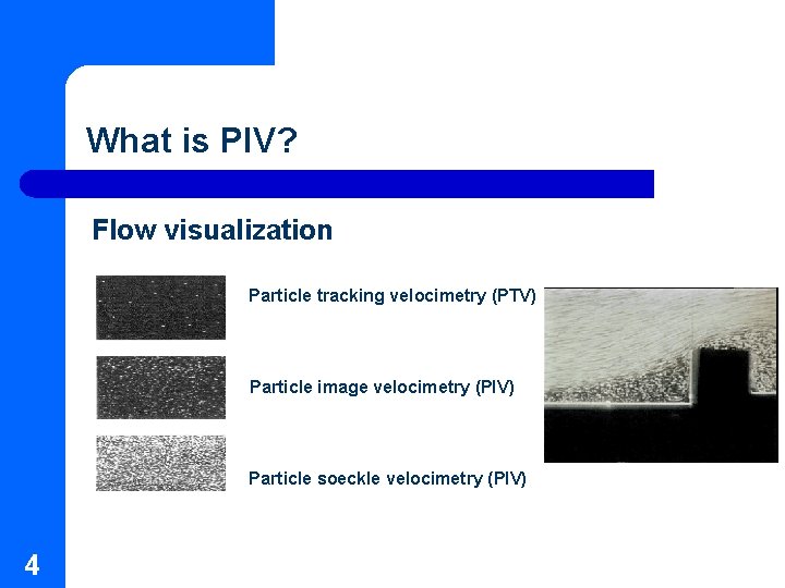 What is PIV? Flow visualization Particle tracking velocimetry (PTV) Particle image velocimetry (PIV) Particle What is PIV? Flow visualization Particle tracking velocimetry (PTV) Particle image velocimetry (PIV) Particle