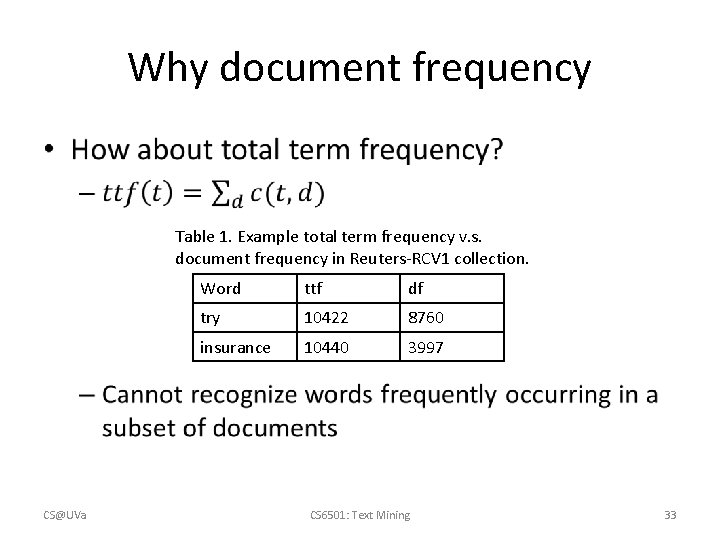 Why document frequency • Table 1. Example total term frequency v. s. document frequency