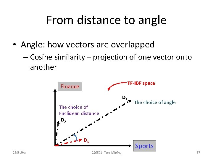 From distance to angle • Angle: how vectors are overlapped – Cosine similarity –