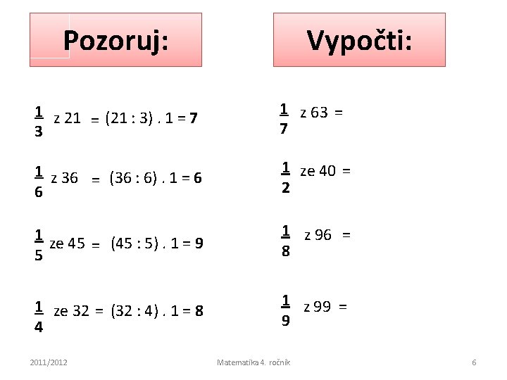 Pozoruj: Vypočti: 1 z 21 (21 : 3). 1 = 7 = 3 1