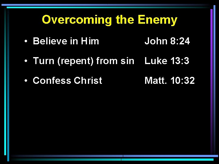 Overcoming the Enemy • Believe in Him John 8: 24 • Turn (repent) from Overcoming the Enemy • Believe in Him John 8: 24 • Turn (repent) from