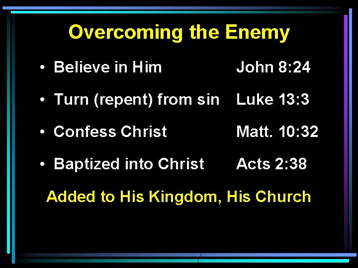 Overcoming the Enemy • Believe in Him John 8: 24 • Turn (repent) from Overcoming the Enemy • Believe in Him John 8: 24 • Turn (repent) from