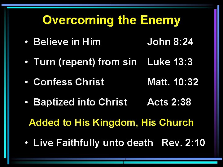 Overcoming the Enemy • Believe in Him John 8: 24 • Turn (repent) from Overcoming the Enemy • Believe in Him John 8: 24 • Turn (repent) from
