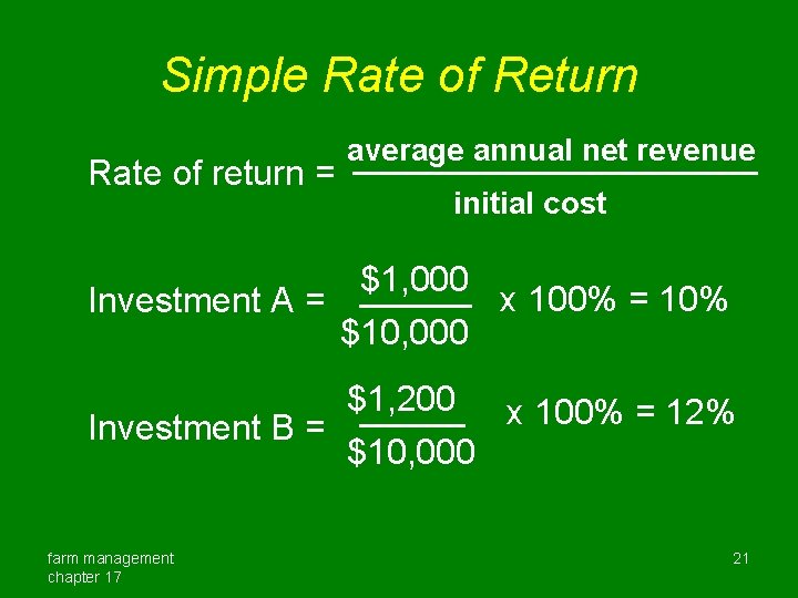 Simple Rate of Return Rate of return = average annual net revenue initial cost