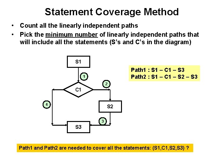 Statement Coverage Method • Count all the linearly independent paths • Pick the minimum