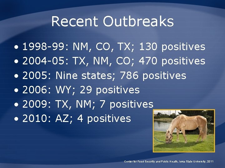 Recent Outbreaks • 1998 -99: NM, CO, TX; 130 positives • 2004 -05: TX,