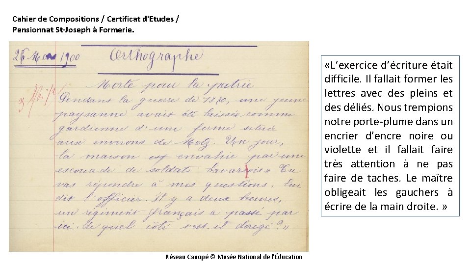 Cahier de Compositions / Certificat d'Etudes / Pensionnat St-Joseph à Formerie. «L’exercice d’écriture était