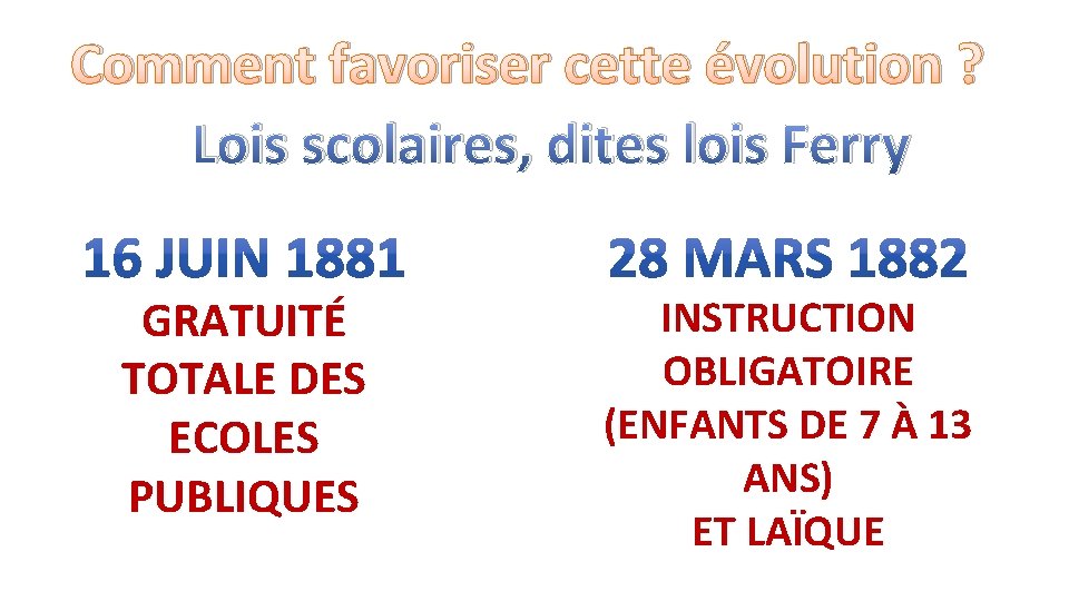 Comment favoriser cette évolution ? Lois scolaires, dites lois Ferry GRATUITÉ TOTALE DES ECOLES