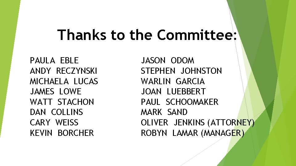 Thanks to the Committee: PAULA EBLE ANDY RECZYNSKI MICHAELA LUCAS JAMES LOWE WATT STACHON