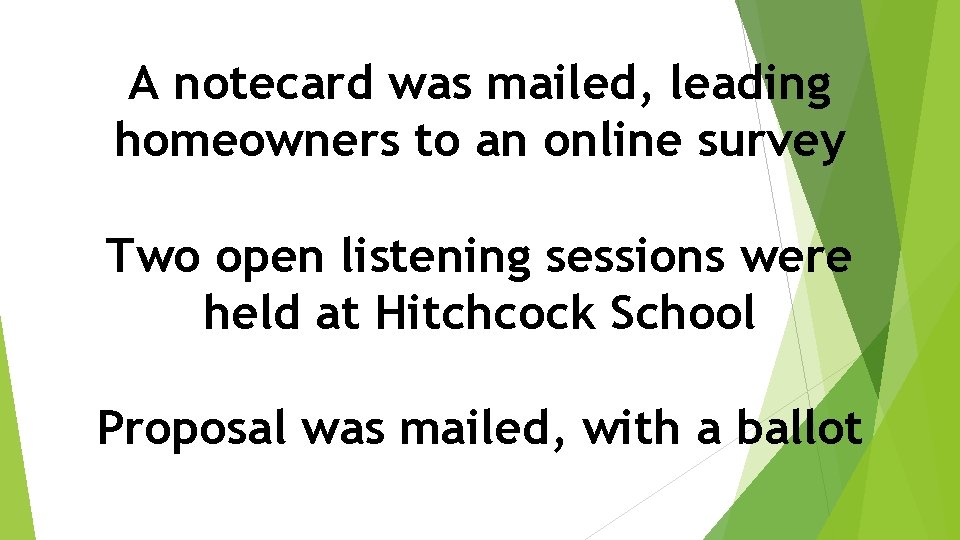 A notecard was mailed, leading homeowners to an online survey Two open listening sessions