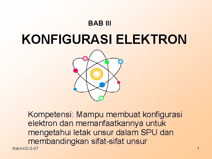 BAB III KONFIGURASI ELEKTRON Kompetensi: Mampu membuat konfigurasi elektron dan memanfaatkannya untuk mengetahui letak