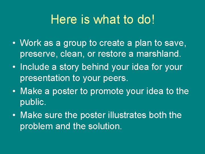 Here is what to do! • Work as a group to create a plan