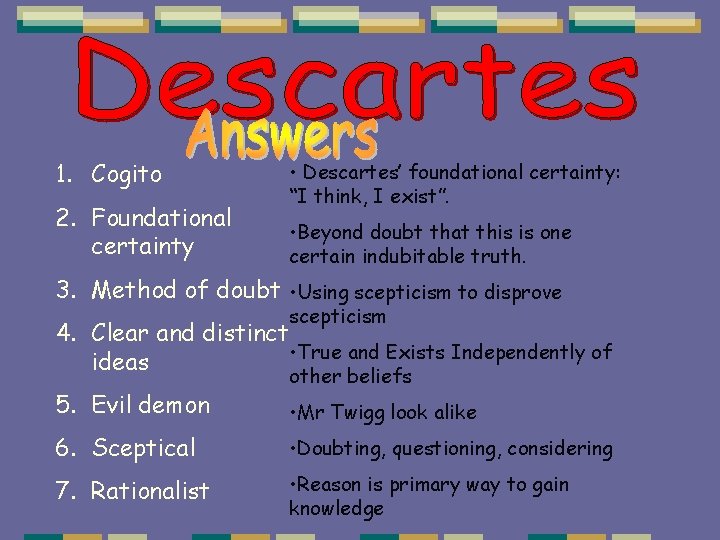 1. Cogito 2. Foundational certainty • Descartes’ foundational certainty: “I think, I exist”. •