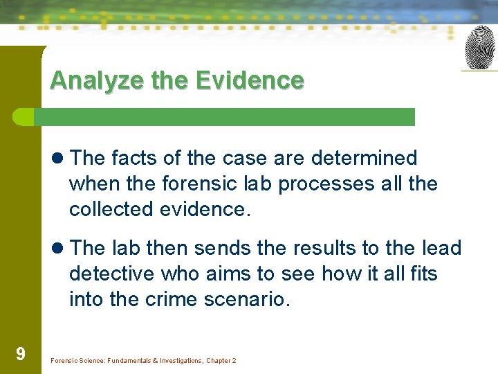 Analyze the Evidence l The facts of the case are determined when the forensic