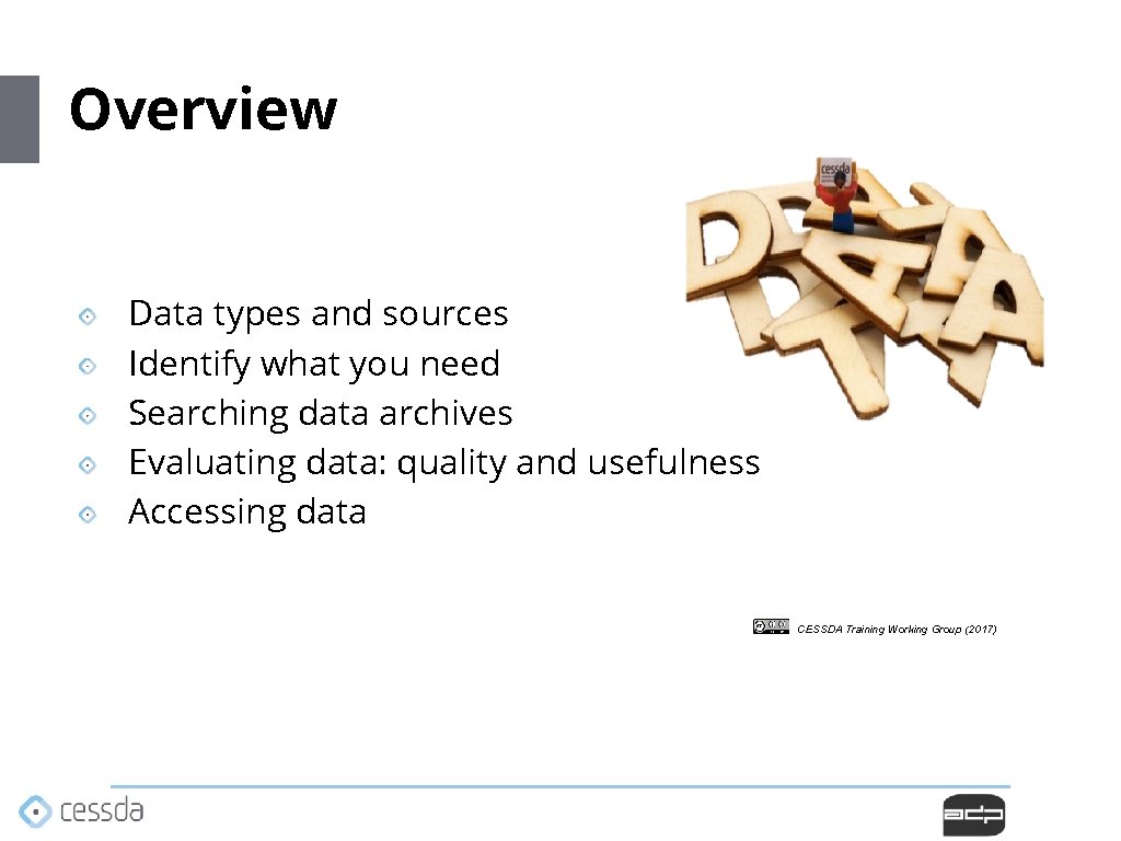 Overview Data types and sources Identify what you need Searching data archives Evaluating data: Overview Data types and sources Identify what you need Searching data archives Evaluating data: