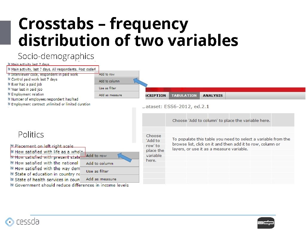 Crosstabs – frequency distribution of two variables Socio-demographics Politics Crosstabs – frequency distribution of two variables Socio-demographics Politics